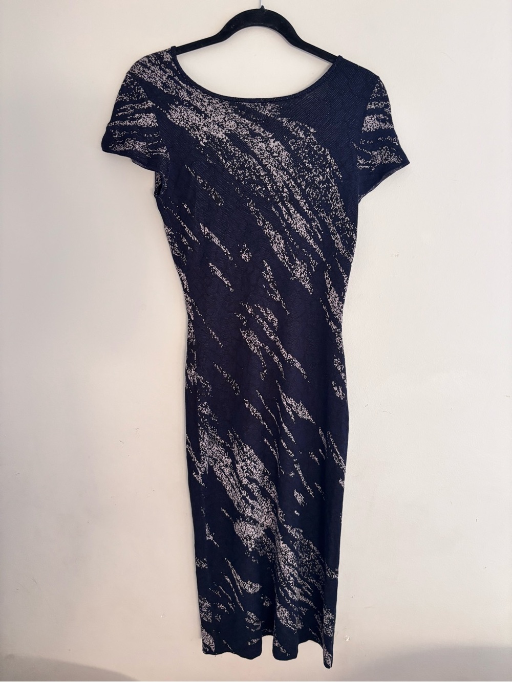 BCBG Women’s Navy and mauve Patterned Short Sleeve silk Dress